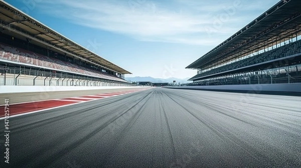 Fototapeta Empty racetrack with grandstands under partly cloudy sky.