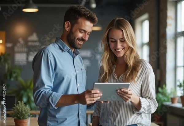 Fototapeta Business Man and Woman Collaborating While Looking at a Tablet