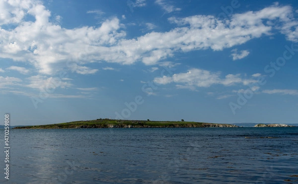 Fototapeta A view of St. Ivan Island and the smaller St. Peter Island in the Black Sea off the coast of Sozopol, Bulgaria, under a clear blue sky with scattered white clouds.