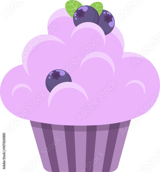 Obraz Cupcake with blueberry bilberry on top. Vector sweet food illustration.