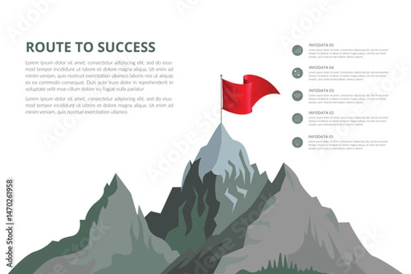 Fototapeta Mountain climbing route to peak. Hiking trip to the top of the mountain journey path. Route challenge infographic career top goal growth plan journey to success. Business climbing vector concept