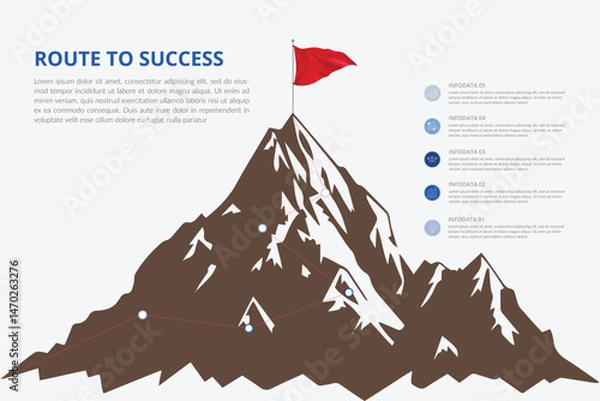 Fototapeta mountain with red flag and with route to the top. five steps to business success. isolated on white background. vector illustration flat design. can be used for process, presentation, step diagram.