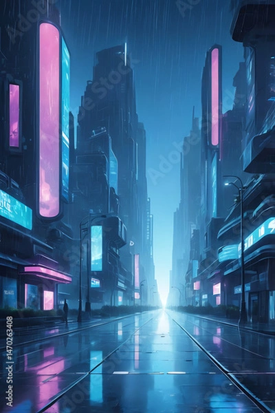 Fototapeta Rain-soaked futuristic avenue with digital billboards, empty sidewalks, and ambient blue lighting


