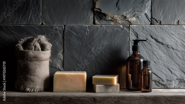 Fototapeta Weathered slate tiles, rough edges, low-key drama, perfect backdrop for natural grooming products