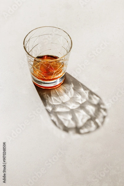 Obraz Transparent alcohol Glass with shadow at sunlight on beige concrete table, top view minimal style, aesthetic photo shiny glass sparkling at natural light, summer strong drink, still life,