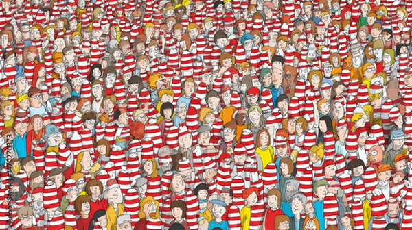 Fototapeta A playful and densely packed visual puzzle capturing the iconic search for Waldo among a sea of colorful, bustling characters. Generative AI