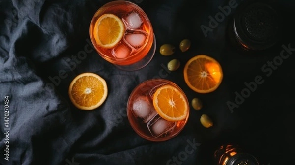 Fototapeta Spritz Aperol cocktail glass with Summer. Banner with space for text. Luxury vacation concept, bar or restaurant design. Alcohol drink as an aperitif at an event, poolside or beach party