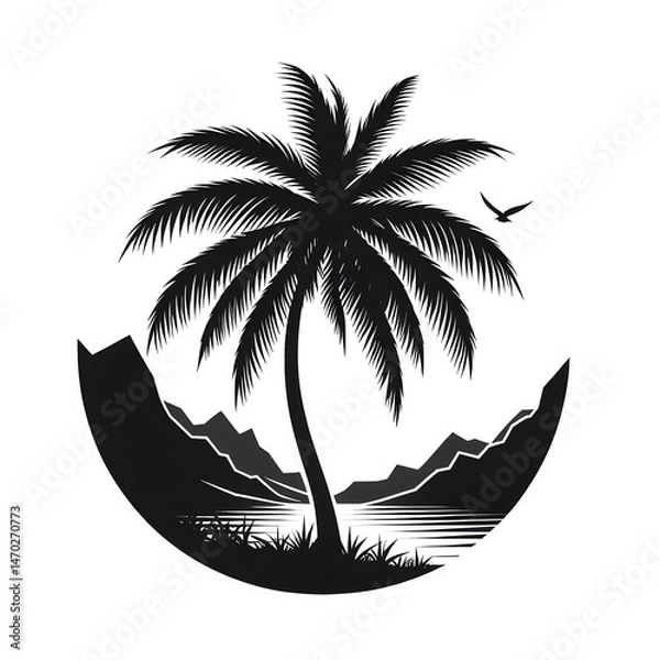 Fototapeta Single palm tree mountain lake silhouette tranquil nature scene