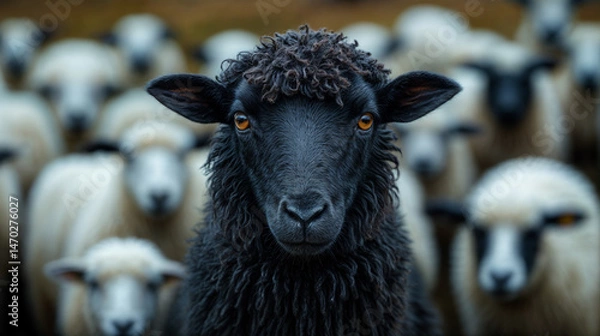 Fototapeta Portrait of a black sheep in a herd of grazing white sheep