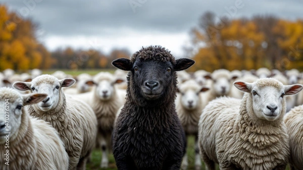 Fototapeta Portrait of a black sheep in a herd of grazing white sheep