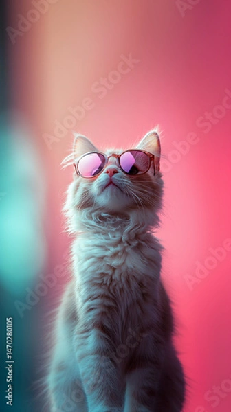 Fototapeta Portrait of a cat with sunglasses with smoke effect and pinkish tone background