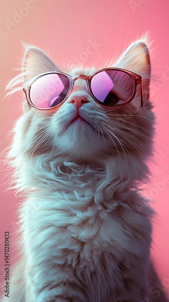 Fototapeta Portrait of a cat with sunglasses with smoke effect and pinkish tone background