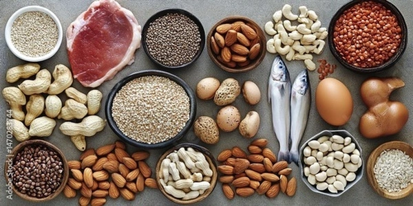 Obraz Fresh fish surrounded by beans, grains, nuts, eggs, and meats as protein sources.