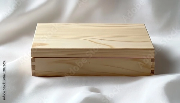 Fototapeta Light wooden box with lid hole on white fabric background showing natural grain.