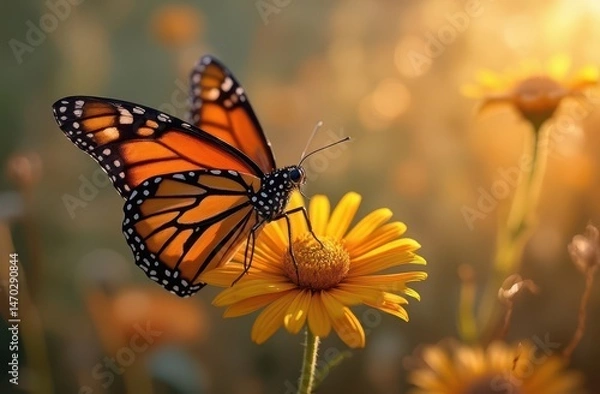 Fototapeta Vibrant monarch butterfly with orange-black wings resting on a daisy in a sunny meadow. Generative AI