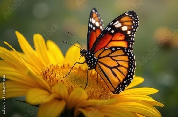 Fototapeta Painted lady butterfly with multicolored wings landing on sunflower in open meadow. Generative AI