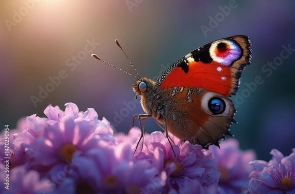 Fototapeta Peacock butterfly with vivid eye spots on violet petals in a bright garden. Generative AI
