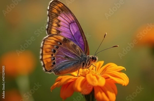 Fototapeta Purple emperor butterfly with bold markings on orange marigold in open meadow. Generative AI