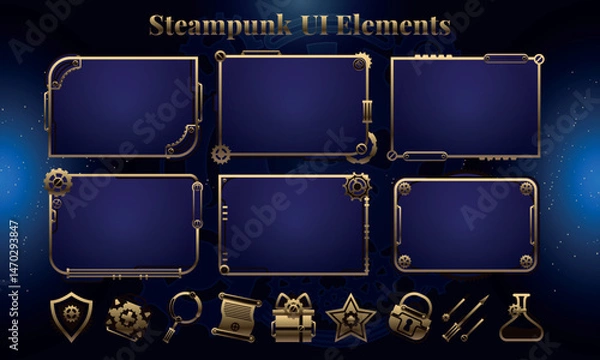 Fototapeta Set of Steampunk Fantasy Elements and Icons for user interface, poster, video. Fantasy mechanic HUD. Template for rpg game interface. Vector Illustration EPS10