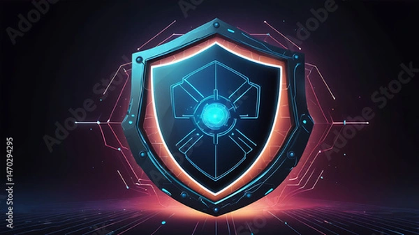 Obraz Futuristic 3D shield icon with abstract digital network lines, glowing edges, cyber security theme
