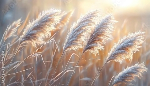Fototapeta Wind-swayed grass with feathery seed-heads under golden sunlight.