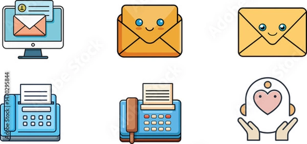 Fototapeta Communication and Messaging Icon Set – Minimalist Symbols for Digital Email, Cheerful Messaging, Fax, and Emotional Connection

