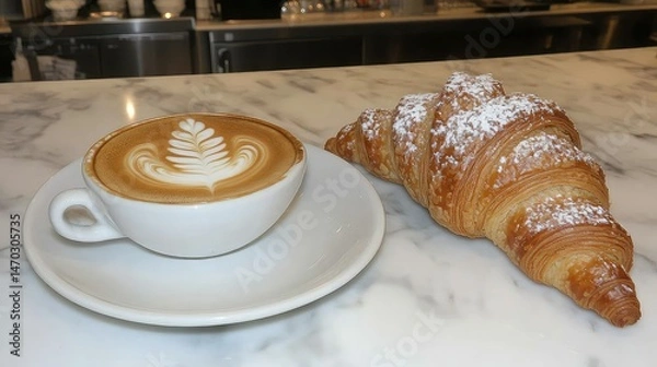 Fototapeta A cup of latte art and a croissant on a marble counter