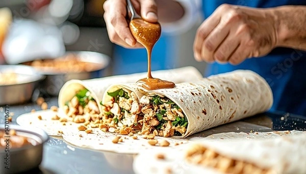 Fototapeta Delicious Chicken Wrap Preparation Close Up Chef Drizzling Peanut Sauce on Savory Filling
