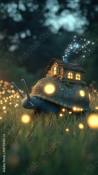 Fototapeta A giant, gentle snail with a translucent, iridescent shell that reflects all the colors of the rainbow. It carries a tiny, cozy house on its back, with glowing windows and a tiny chimney