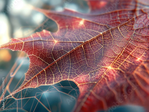 Fototapeta A highly detailed close-up of a maple leaf under a microscope, showcasing intricate vein structures and delicate cellular patterns. Warm evening lighting casts