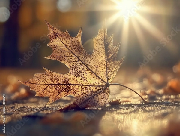 Fototapeta A highly detailed close-up of a maple leaf under a microscope, showcasing intricate vein structures and delicate cellular patterns. Warm evening lighting casts a golden glow, creating a soft contrast