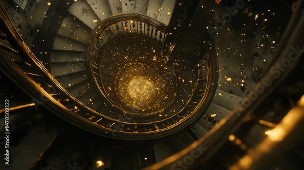 Fototapeta A spiraling staircase made of translucent glass, leading into a shimmering void filled with floating stars, surreal and dreamy lighting, high-detail textures 