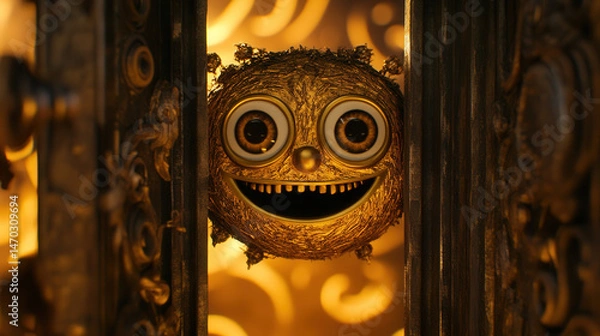 Fototapeta A whimsical golden door handle shaped like a mischievous grinning face, wide-open eyes, polished surface reflecting a magical swirling background, ultra-detailed macro shot 
