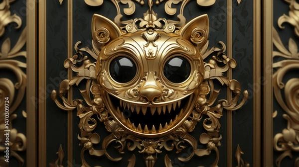 Fototapeta A whimsical golden door handle shaped like a mischievous grinning face, wide-open eyes, polished surface reflecting a magical swirling background, ultra-detailed macro shot 