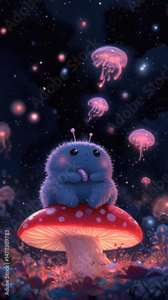 Obraz A wise and friendly blue caterpillar with a soft, fuzzy body, gently resting on a glowing red-and-white-spotted mushroom. Its big, kind eyes reflect the cosmic swirls in the sky above. A tiny pipe 