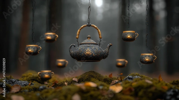 Obraz An elegant Victorian-style teapot hovering above a mossy forest floor, pouring endless golden tea into floating cups, ultra-detailed macro photography  