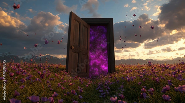 Obraz An antique wooden door standing alone in the middle of a meadow, slightly ajar, revealing a swirling purple galaxy inside, surreal lighting, soft cinematic shadows 