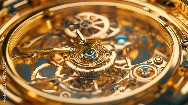 Fototapeta An intricate golden clockwork mechanism with tiny gears turning, emitting a soft blue luminescent glow, floating in an ethereal mist, ultra-macro high detail