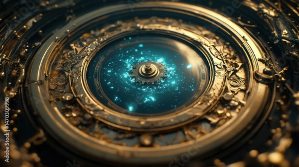 Obraz An intricate golden clockwork mechanism with tiny gears turning, emitting a soft blue luminescent glow, floating in an ethereal mist, ultra-macro high detail 