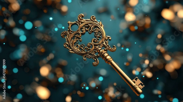 Fototapeta Antique golden key with intricate filigree patterns, floating mid-air, surrounded by soft glowing blue sparkles, ultra-detailed macro shot, shallow depth of field, soft fantasy lighting 