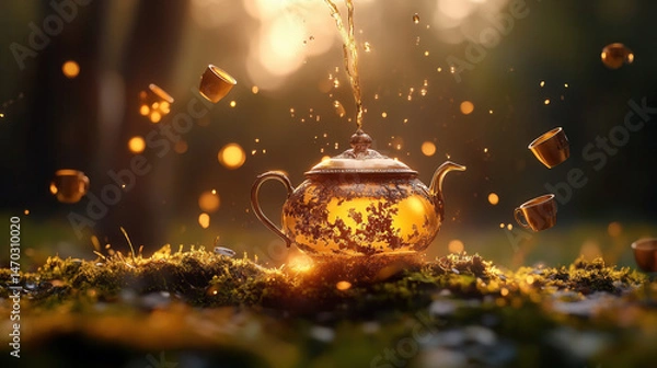Fototapeta An elegant Victorian-style teapot hovering above a mossy forest floor, pouring endless golden tea into floating cups, ultra-detailed macro photography 
