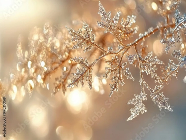 Fototapeta Close-up of delicate snowflakes glistening in the sunlight, macro photography, high detail, frozen crystals reflecting warm golden rays, sharp focus with soft bokeh background 