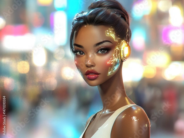 Fototapeta Ultra-detailed portrait of a human with seamless AI cybernetic enhancements, translucent neon circuits glowing under the skin, deep blue and purple lighting, futuristic Tokyo cyberpunk cityscape 
