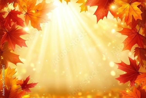 Obraz Autumnal leaves frame a radiant light background.