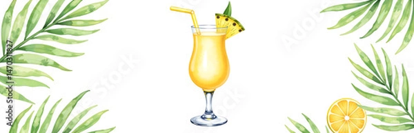 Obraz piña colada cocktail illustrated watercolor image featuring creamy tropical drink goblet glass