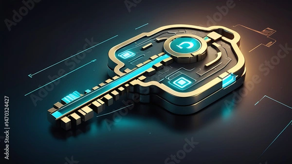 Fototapeta Futuristic 3D digital key icon, metallic finish, glowing edges, technology and encryption concept



