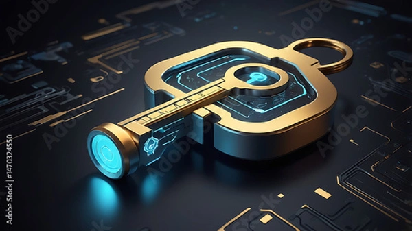 Fototapeta Futuristic 3D digital key icon, metallic finish, glowing edges, technology and encryption concept


