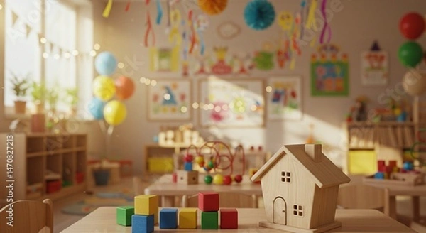 Obraz Bright kindergarten classroom with toys and decorations for learning time