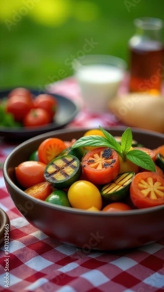 Fototapeta A vibrant bowl of grilled vegetables sits on a checkered tablecloth, surrounded by fresh ingredients and drinks, evoking a summery outdoor picnic setting