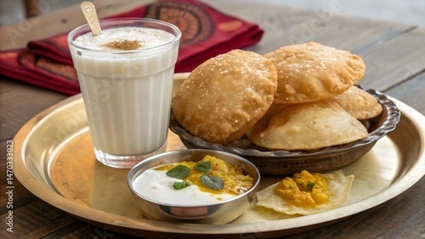 Obraz A hot white beverage like cappuccino with milk and sugar, alongside a sweet croissant and cookies, makes a delightful breakfast food 